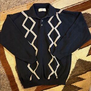 Vintage John Ashford Golf Men's Black Sweater with Geometric Pattern